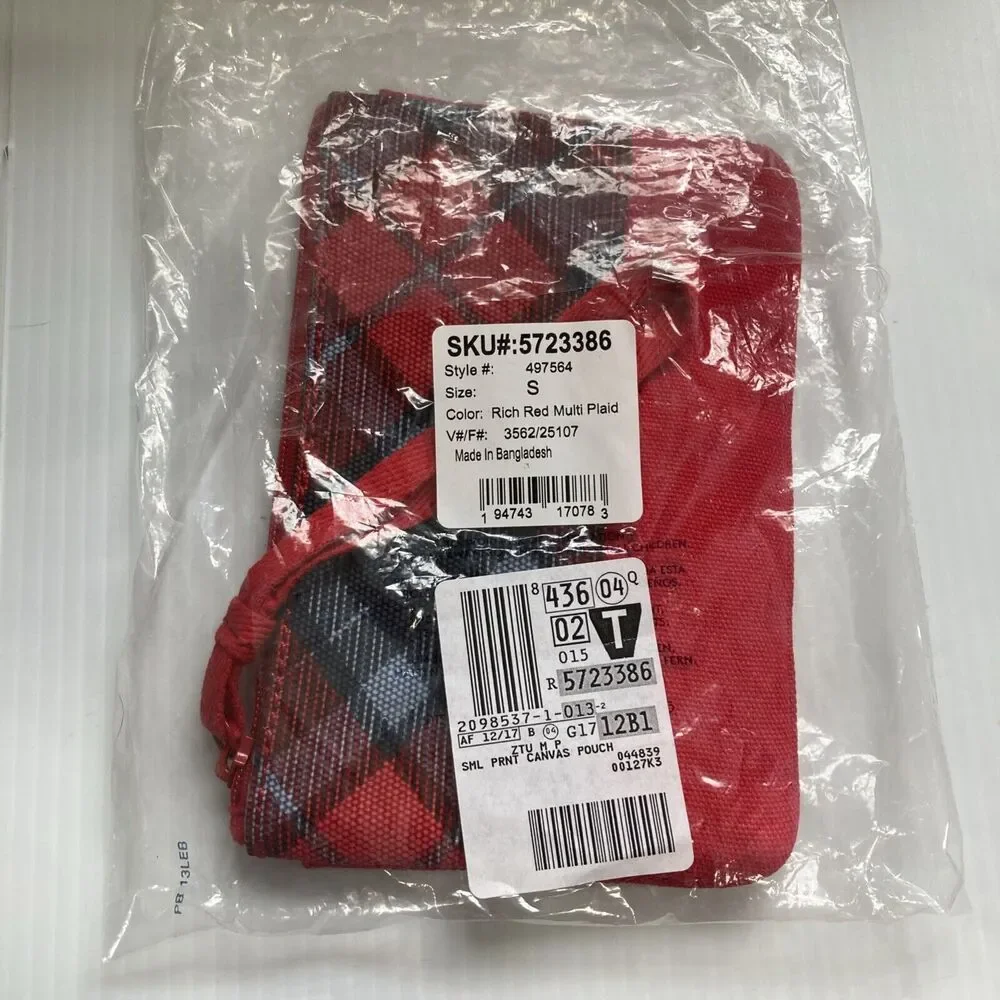 LANDS END Plaid Cotton Canvas Large Zip Pouch Purse Wristlet 8 x 5 x 0.5 inches